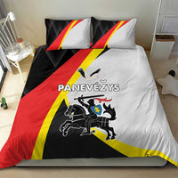 Black bedding set with red and yellow diagonal flag print, duvet and two pillow shams
