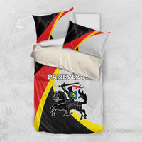 Black bedding set with red and yellow diagonal design, duvet cover and two pillows