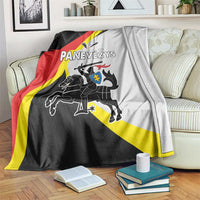 Panevezys County blanket with black, red, yellow, and white crest design