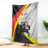 Panevezys County blanket with black, red, yellow, and gray crest design