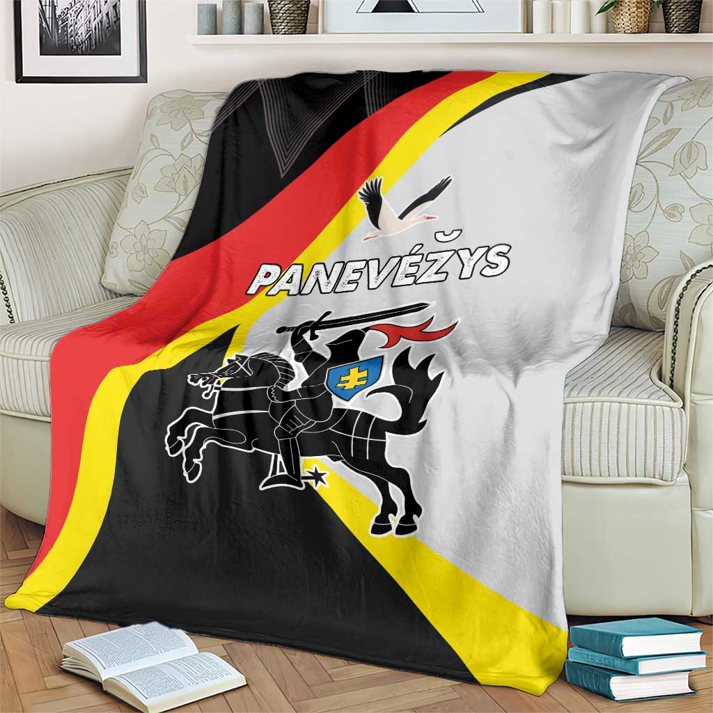Panevezys County blanket with black, red, yellow, and white crest design