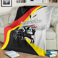 Panevezys County blanket with black, red, yellow, and white crest design