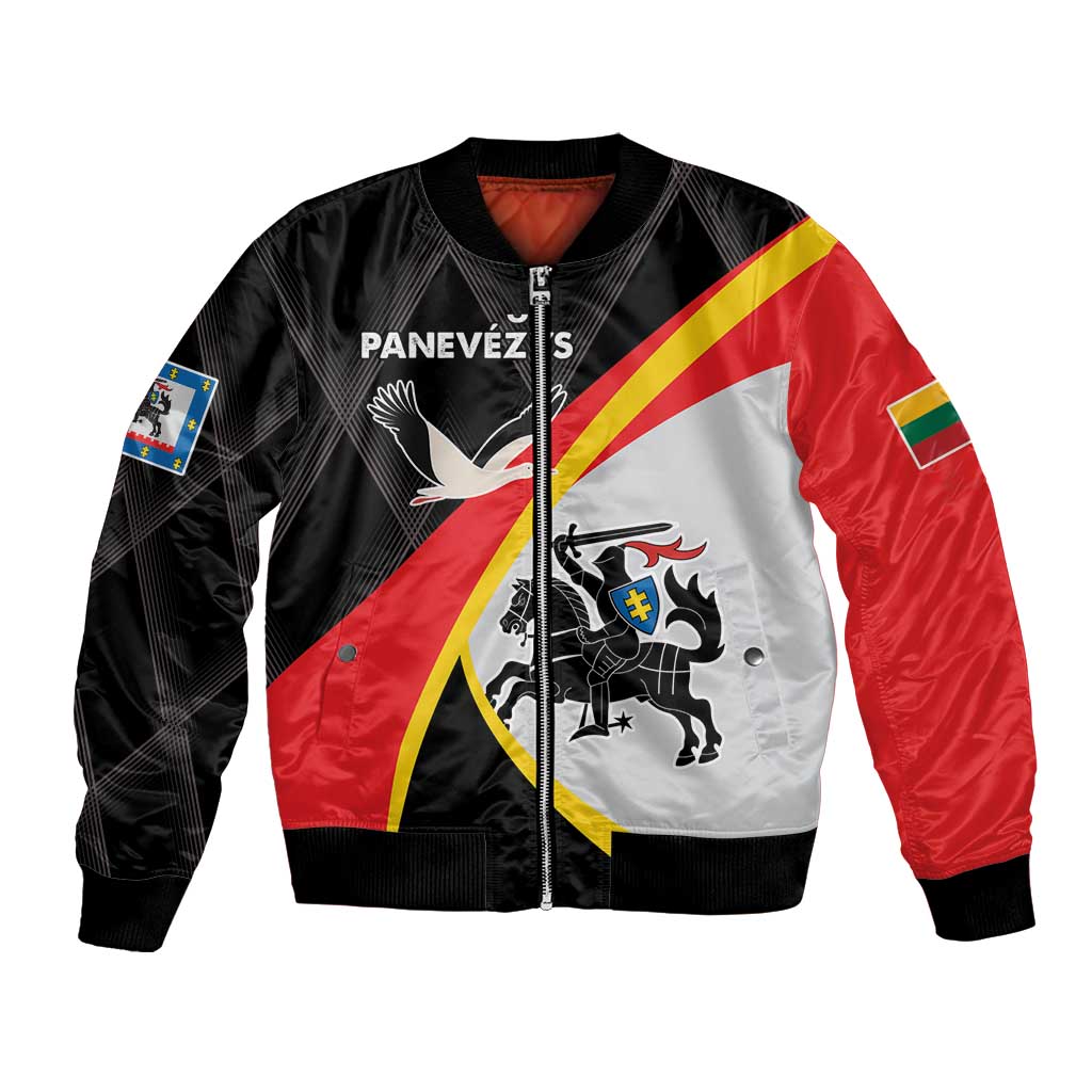 Unisex bomber jacket in black, red, and white with zip front and crest print