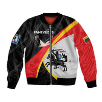 Unisex bomber jacket in black, red, and white with zip front and crest print