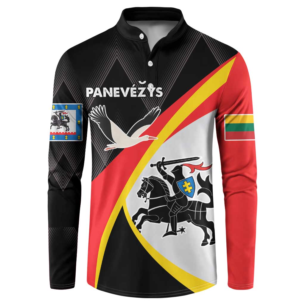 Black button-front sweatshirt with red, yellow, and white crest graphic