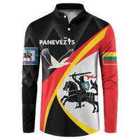 Black button-front sweatshirt with red, yellow, and white crest graphic