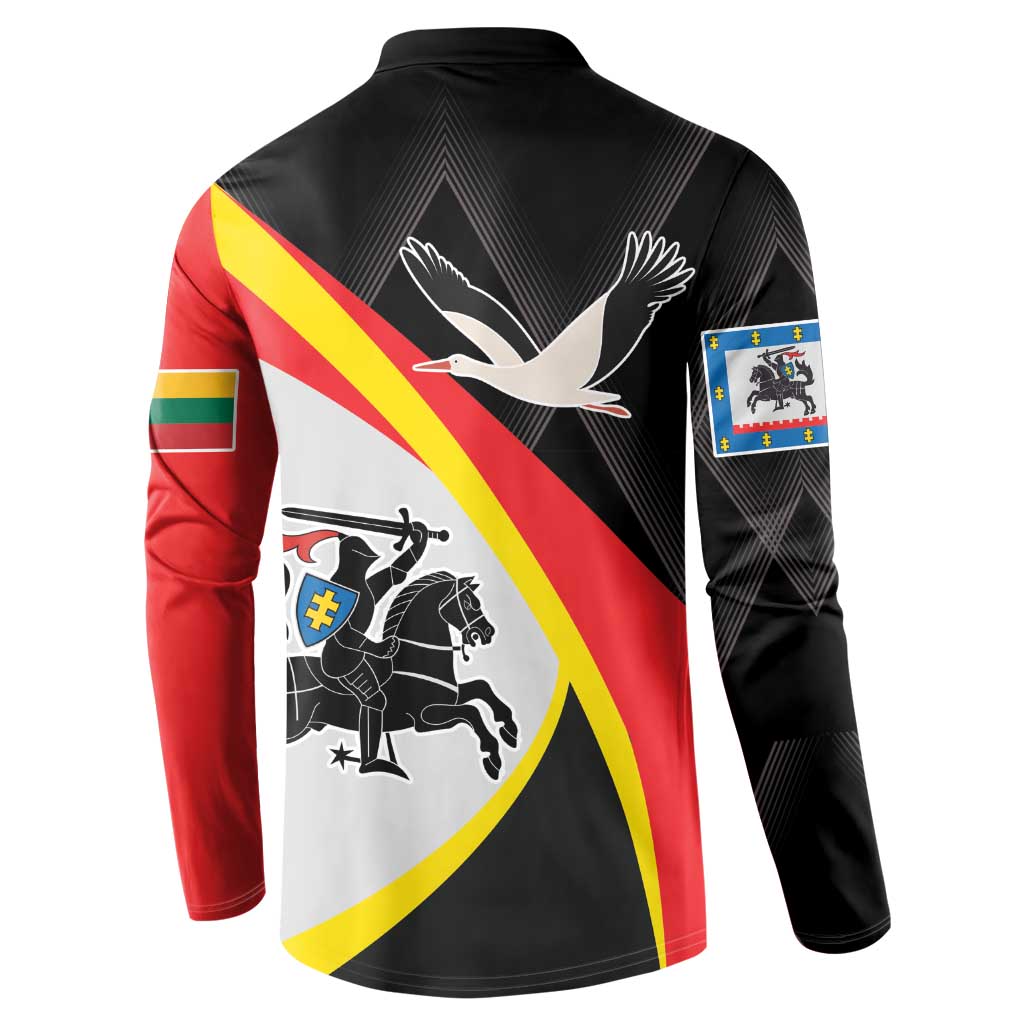 Black back view sweatshirt with red and yellow diagonal stripe and horse-and-king illustration