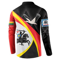 Black back view sweatshirt with red and yellow diagonal stripe and horse-and-king illustration