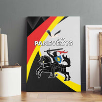 Panevezys County canvas wall art with horse and rider crest, black, red, and yellow design
