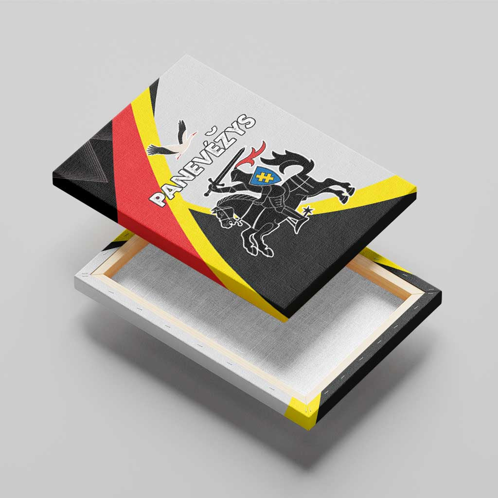 Framed canvas wall art with Panevezys County design in black, red, yellow, and white