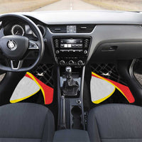 Black car floor mat set with red-yellow diagonal stripe and white emblem in front seats