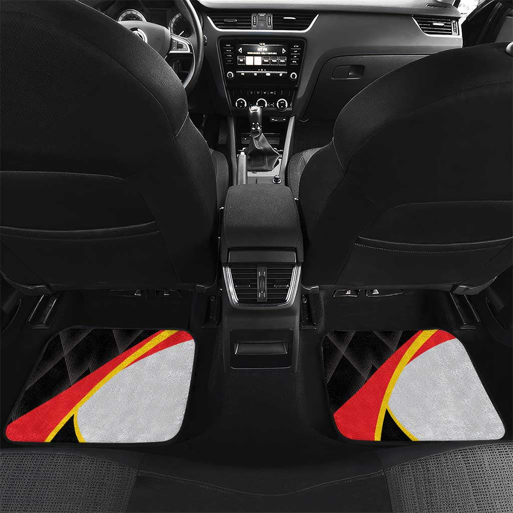 Black rear car floor mats with red-yellow diagonal stripe and white emblem graphics