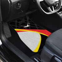 Black front car floor mat with red-yellow diagonal stripe and white emblem graphics