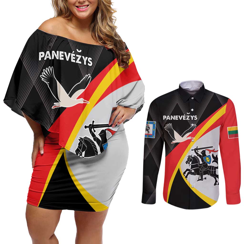 Lithuania Panevezys County Couples Matching Off Shoulder Short Dress and Long Sleeve Button Shirt Panevezio Apskritis