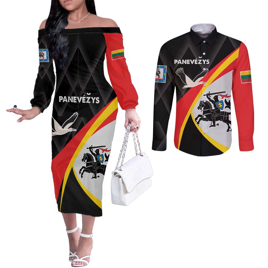 Lithuania Panevezys County Couples Matching Off The Shoulder Long Sleeve Dress and Long Sleeve Button Shirt Panevezio Apskritis