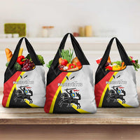 Panevezys grocery bag, black handles, printed crest design, shown in a trio
