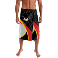 Black printed board shorts with red, yellow, and white graphic emblem on front