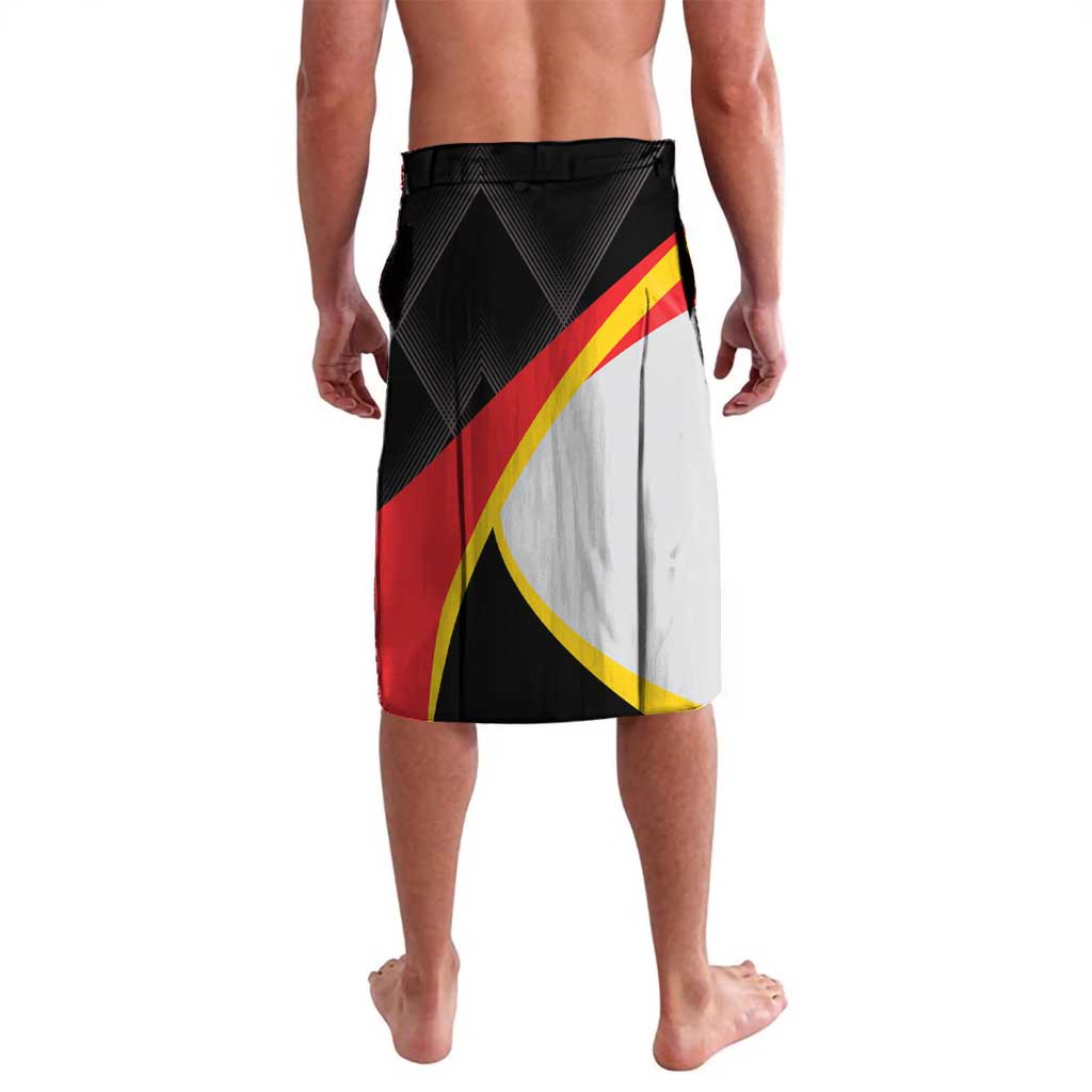 Black printed board shorts, red and yellow diagonal panels with white swoosh emblem