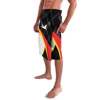 Black printed board shorts with red, yellow, and white vertical panels and bird logo