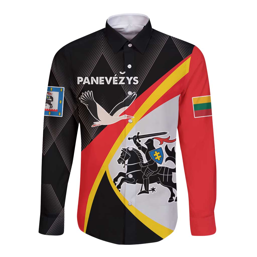 Long-sleeve button shirt, black with red and yellow diagonal panels and crest graphics