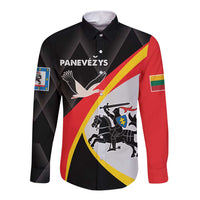 Long-sleeve button shirt, black with red and yellow diagonal panels and crest graphics