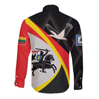 Long-sleeve button shirt, black with red and yellow diagonal back print and crest emblem