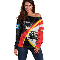 Women’s off-shoulder sweater, black with red-yellow-white diagonal stripes and front emblem