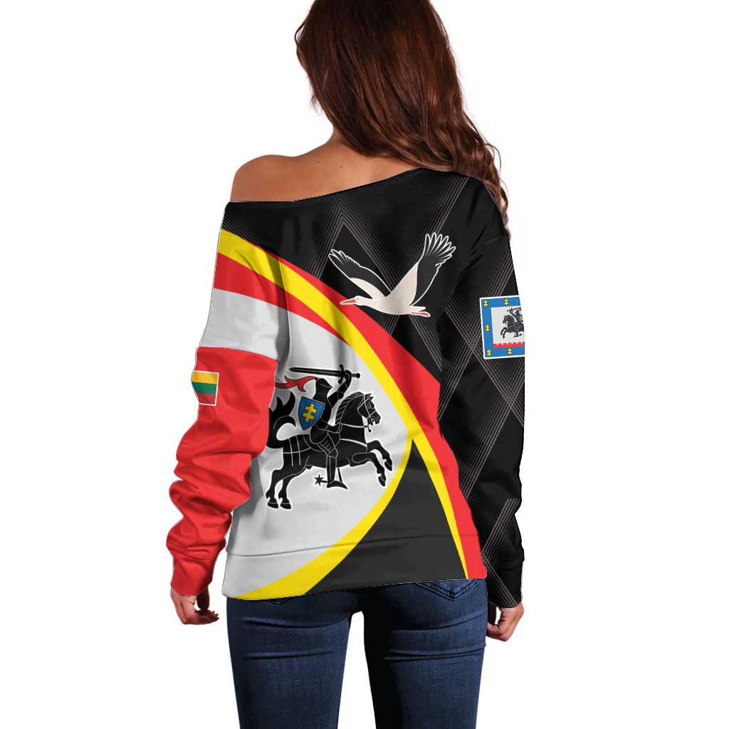 Women’s off-shoulder sweater, black with red-yellow-white diagonal stripes and bird graphic