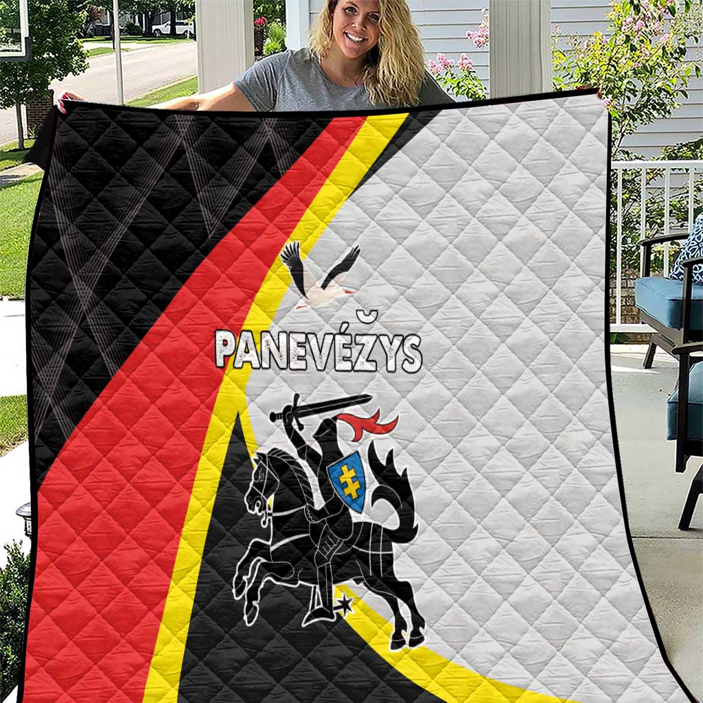 Panevezys County quilt with black, red, yellow, and white Lithuanian crest design