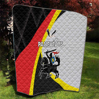 Quilt with Panevezys county graphic in black, red, yellow, and white