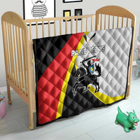 Black quilt with Panevezys graphic, red and yellow diagonal stripes and heraldic rider