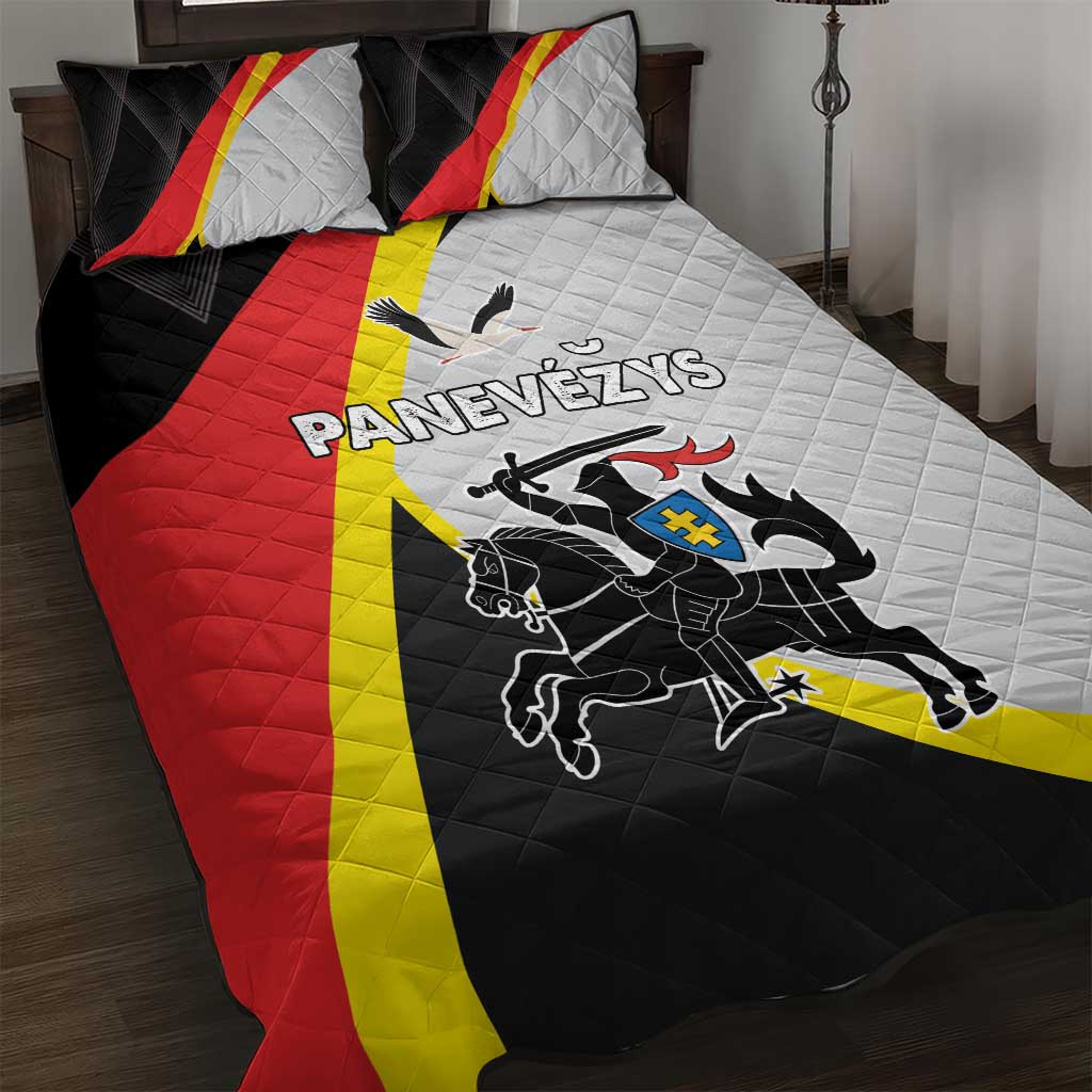 Quilt bed set with Panevezys graphic, black, red, and yellow flag design