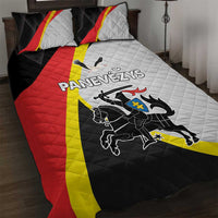 Quilt bed set with Panevezys graphic, black, red, and yellow flag design