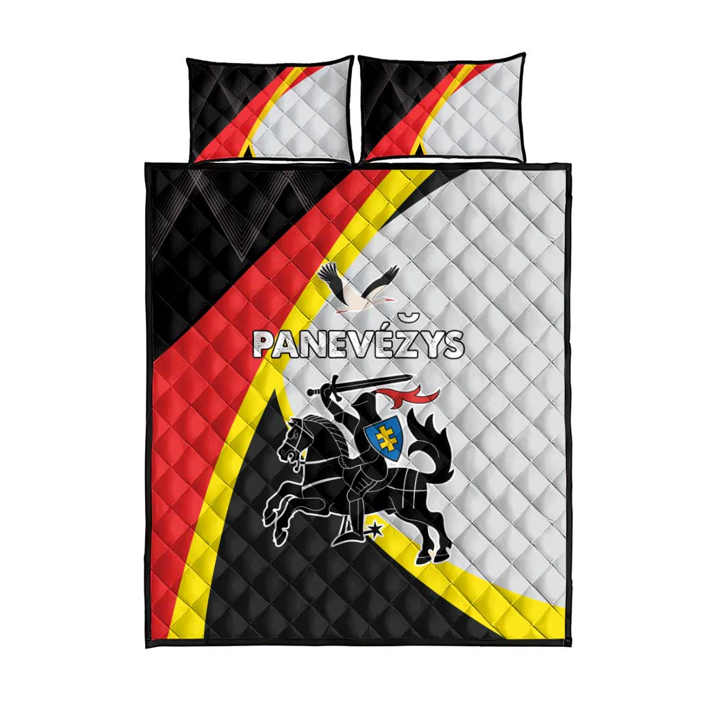 Quilt bed set with two pillow shams, black, red, yellow and white Panevezys graphic
