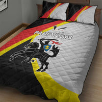 Quilt bed set with two pillows, white quilt with black knight, red and yellow diagonal stripes