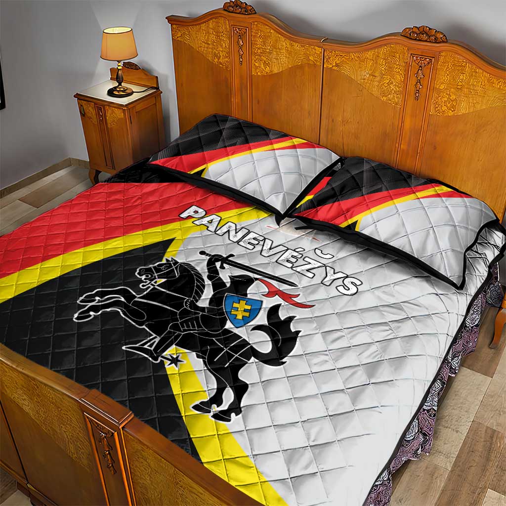 Quilt bed set with Panevezys graphic, black, red, yellow, and white.