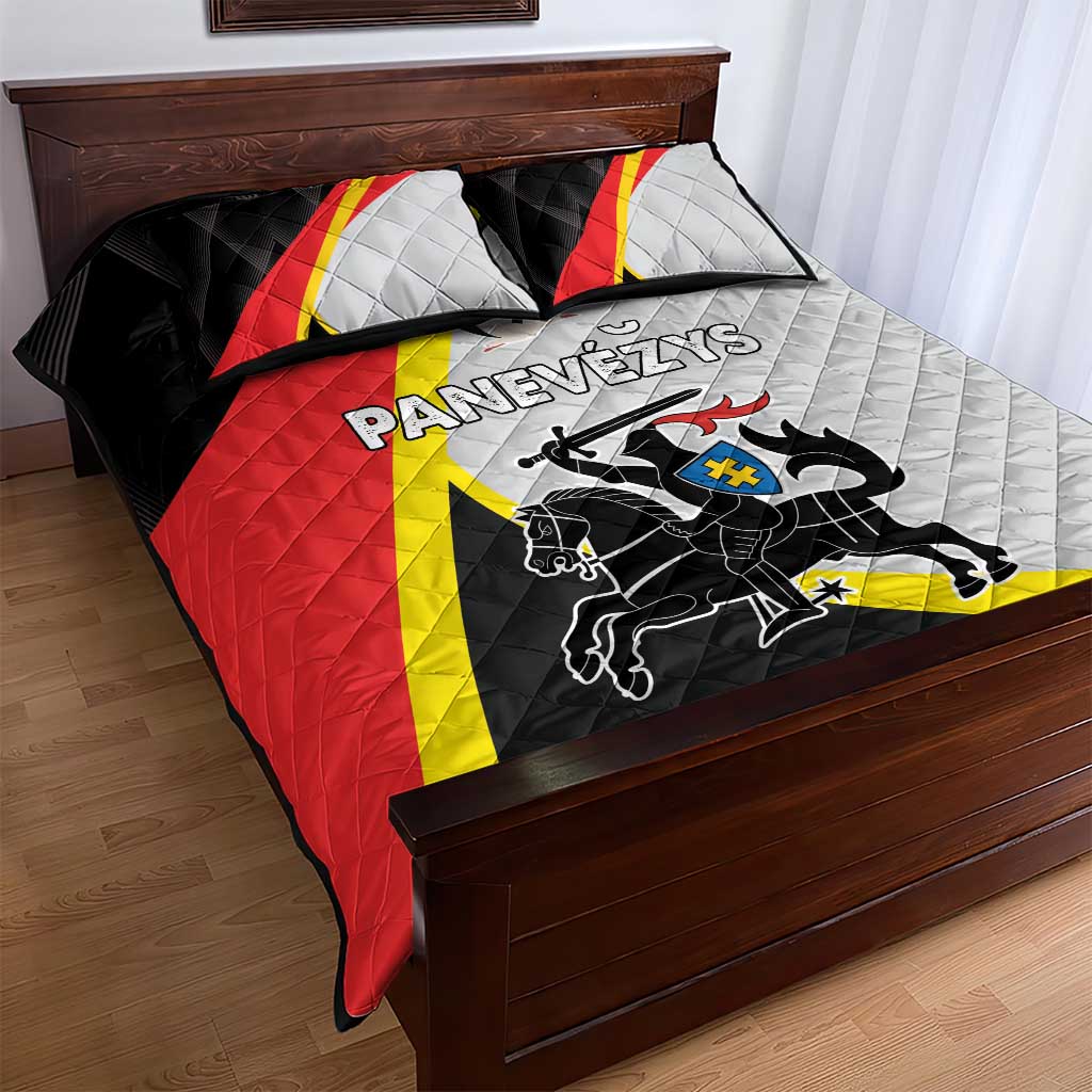Quilt bed set with Panevezys County crest, black, red, yellow, and gray