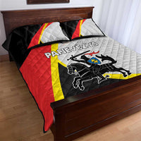 Quilt bed set with Panevezys County crest, black, red, yellow, and gray