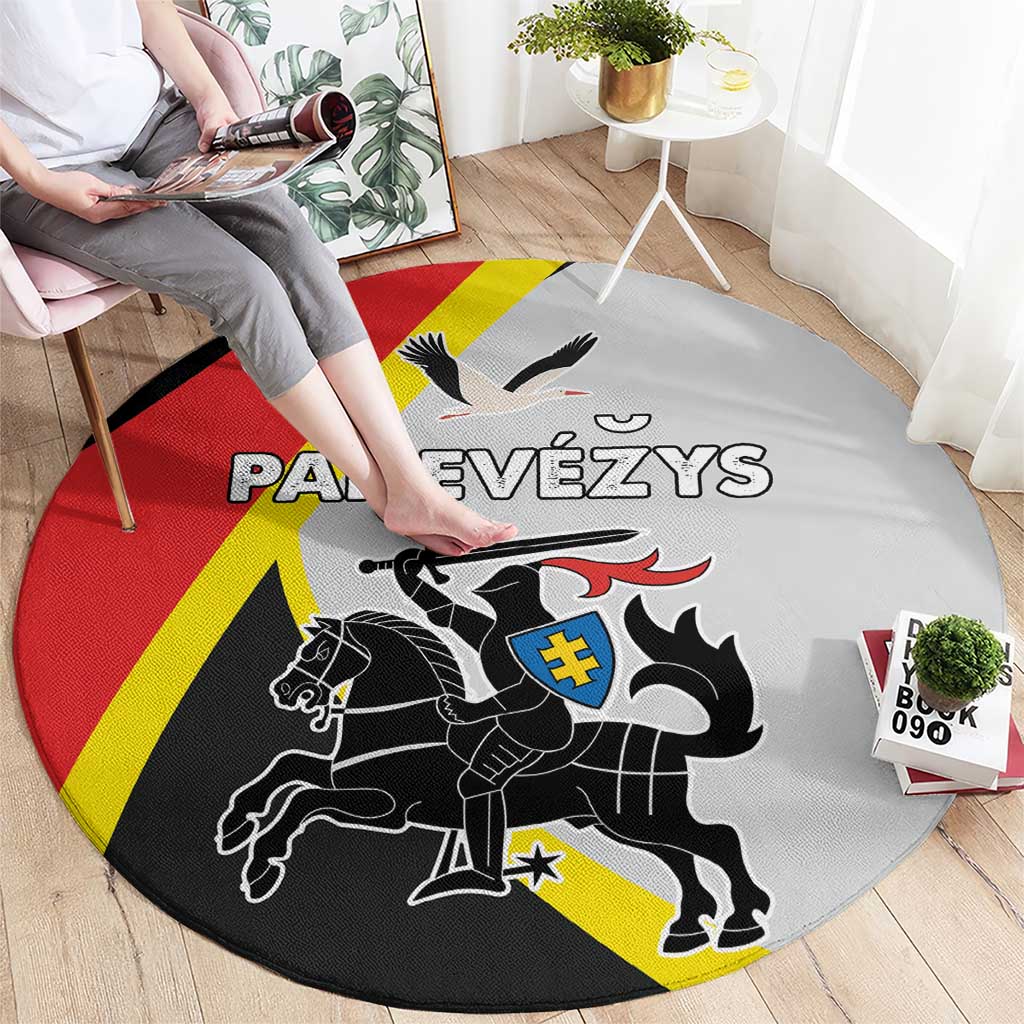 Round gray rug with red and yellow diagonal stripe and black crest and horse graphic