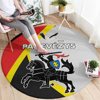 Round gray rug with red and yellow diagonal stripe and black crest and horse graphic