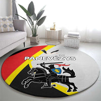 Round gray carpet with red and yellow diagonal stripe, black crest, horse and knight graphic