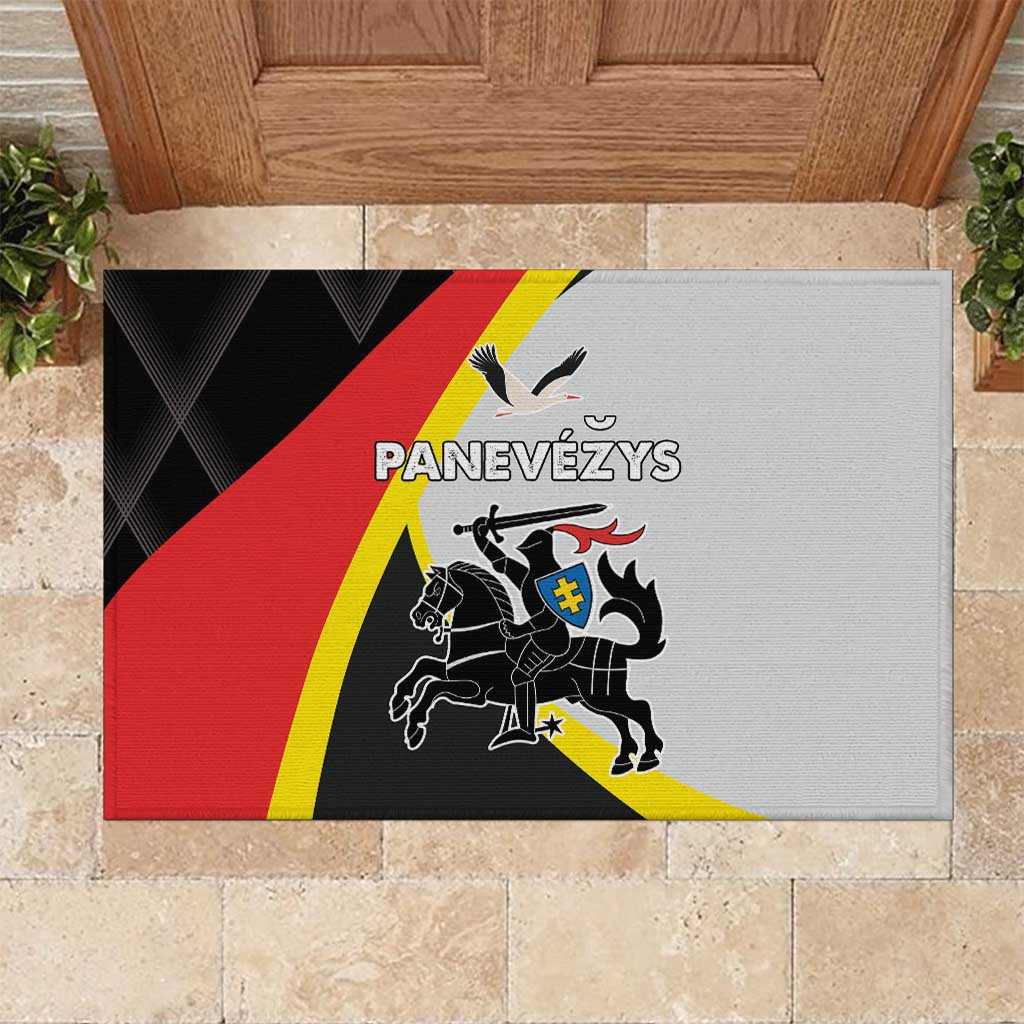 Rubber doormat with Panevezys graphic, black, red, yellow, and gray design