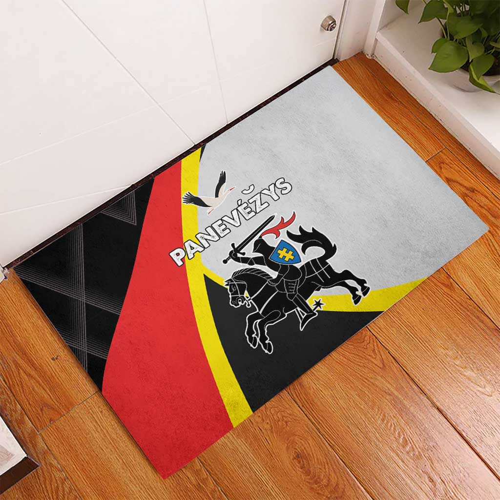 Rubber doormat with Panevezys county crest and multicolor geometric design