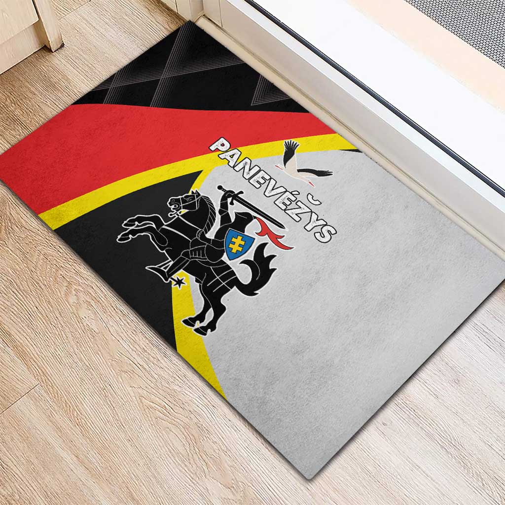 Rubber doormat with Panevezys county crest and tricolor diagonal design