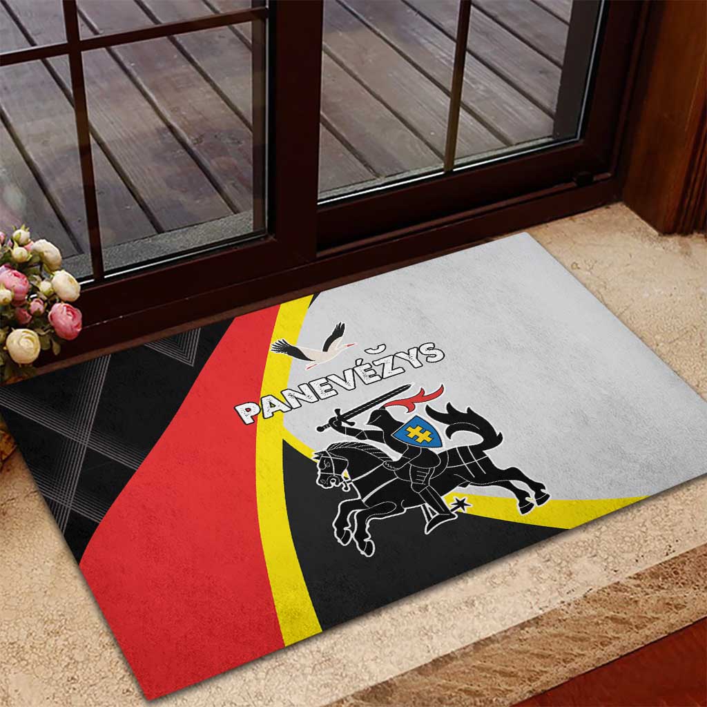Panevezys County rubber doormat with red, yellow, black graphic