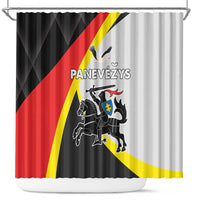 Panevezys County shower curtain with black, red, white, and yellow crest print