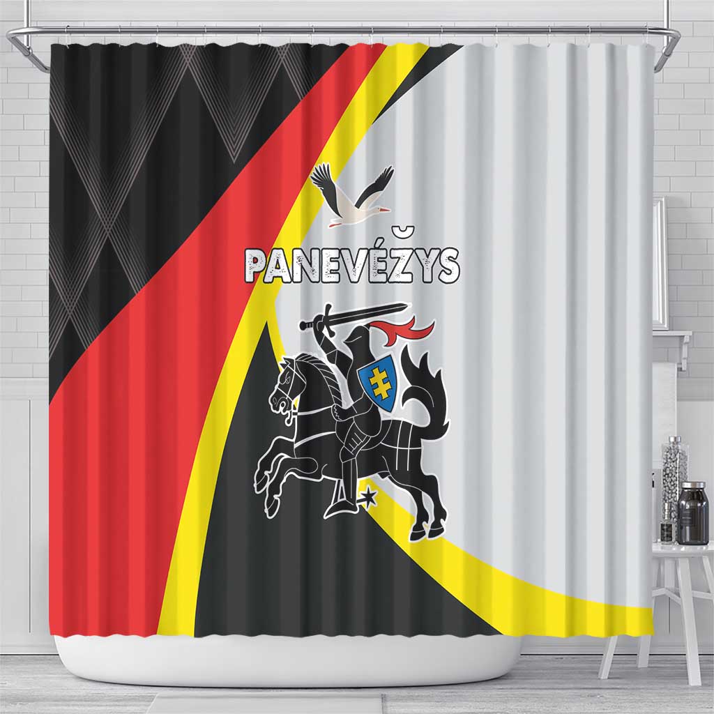 Shower curtain with Panevėžys crest and diagonal black, red, yellow, and white stripes