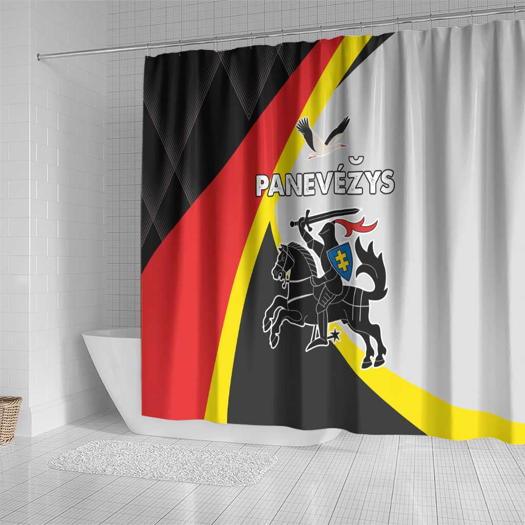Panevezys County shower curtain with black, red, yellow, and white crest design