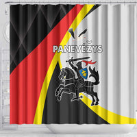 Panevezys County shower curtain with black, red, yellow, and white crest design