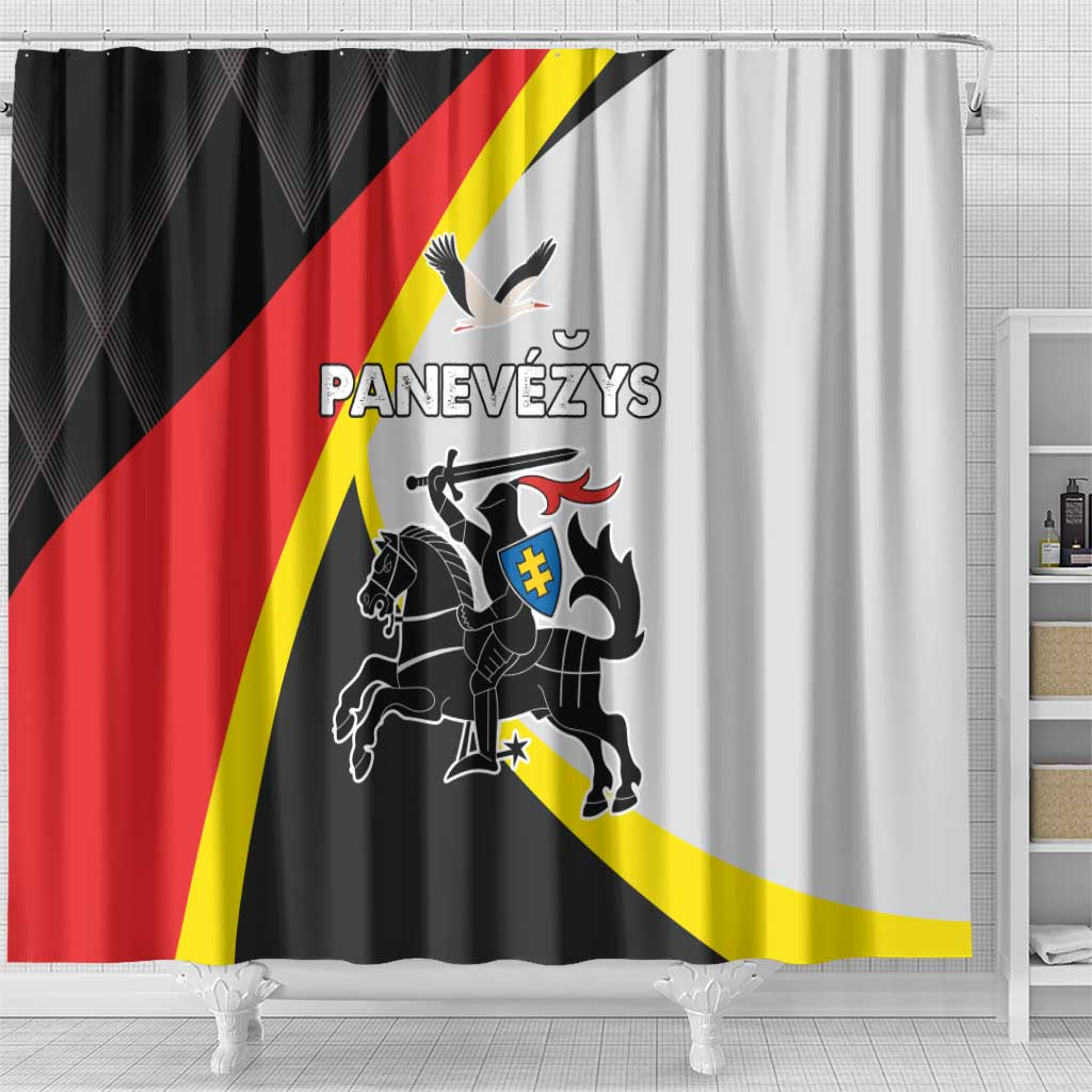 Shower curtain with Panevezys crest and black, red, and yellow diagonal stripes
